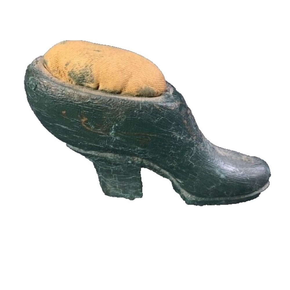Antique Carved Wooden Victorian Shoe Pin Cushion Fantastic Detail Green #2